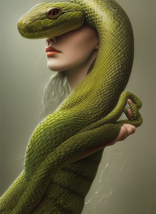 Green Snake Haired Anime Doll Portrait in Surreal Style