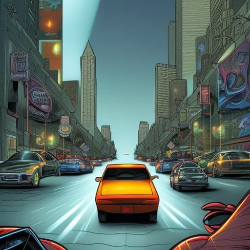 Car Driving Through Valley in Comic Book Art