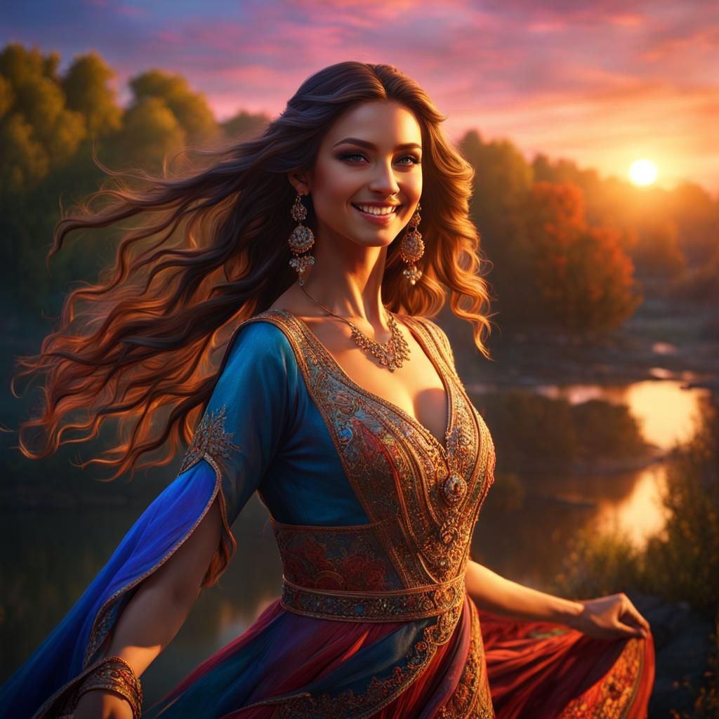 Girl Dancing by River at Sunset in Fantasy Art