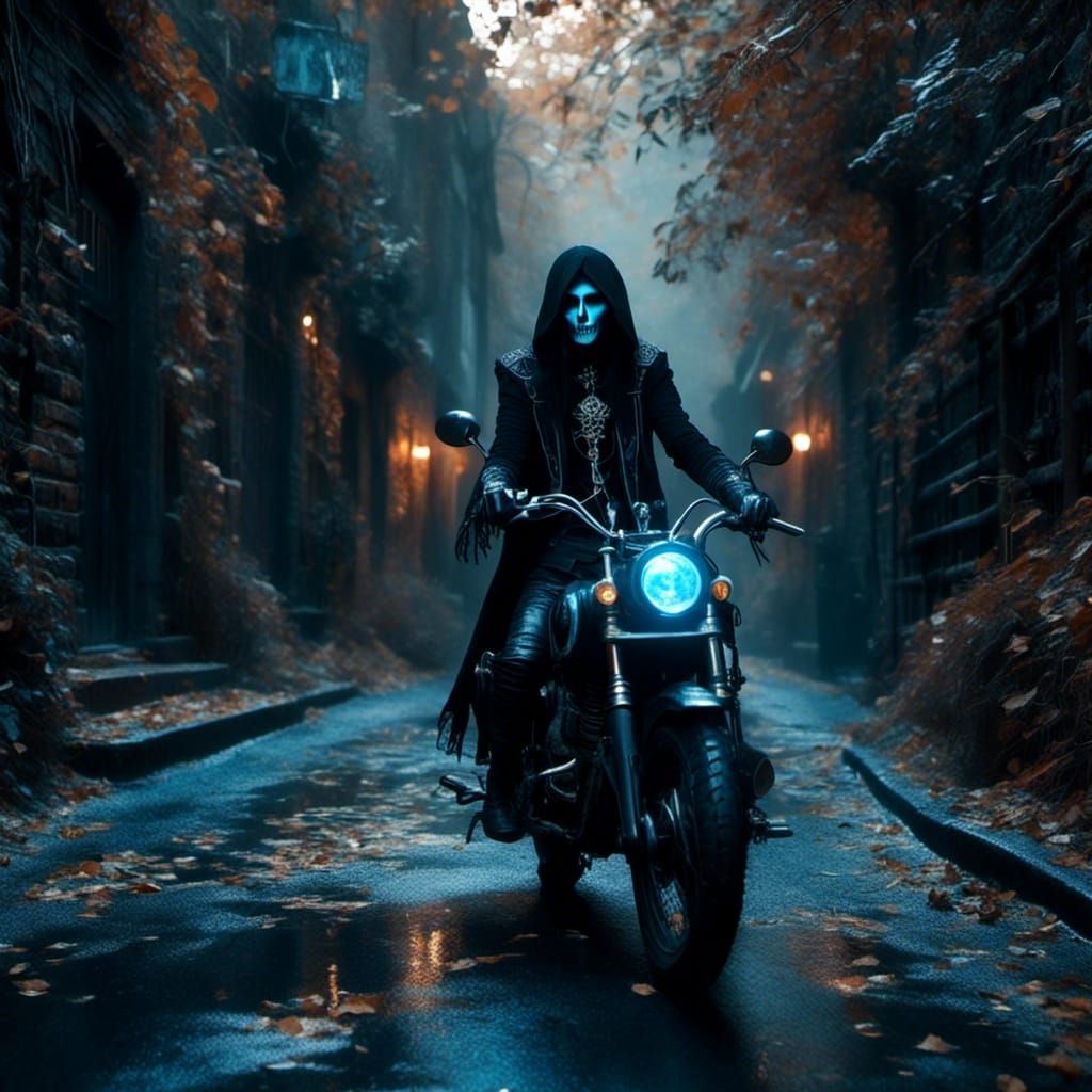 Cyberpunk Wizard on Motorcycle in Gothic Alley