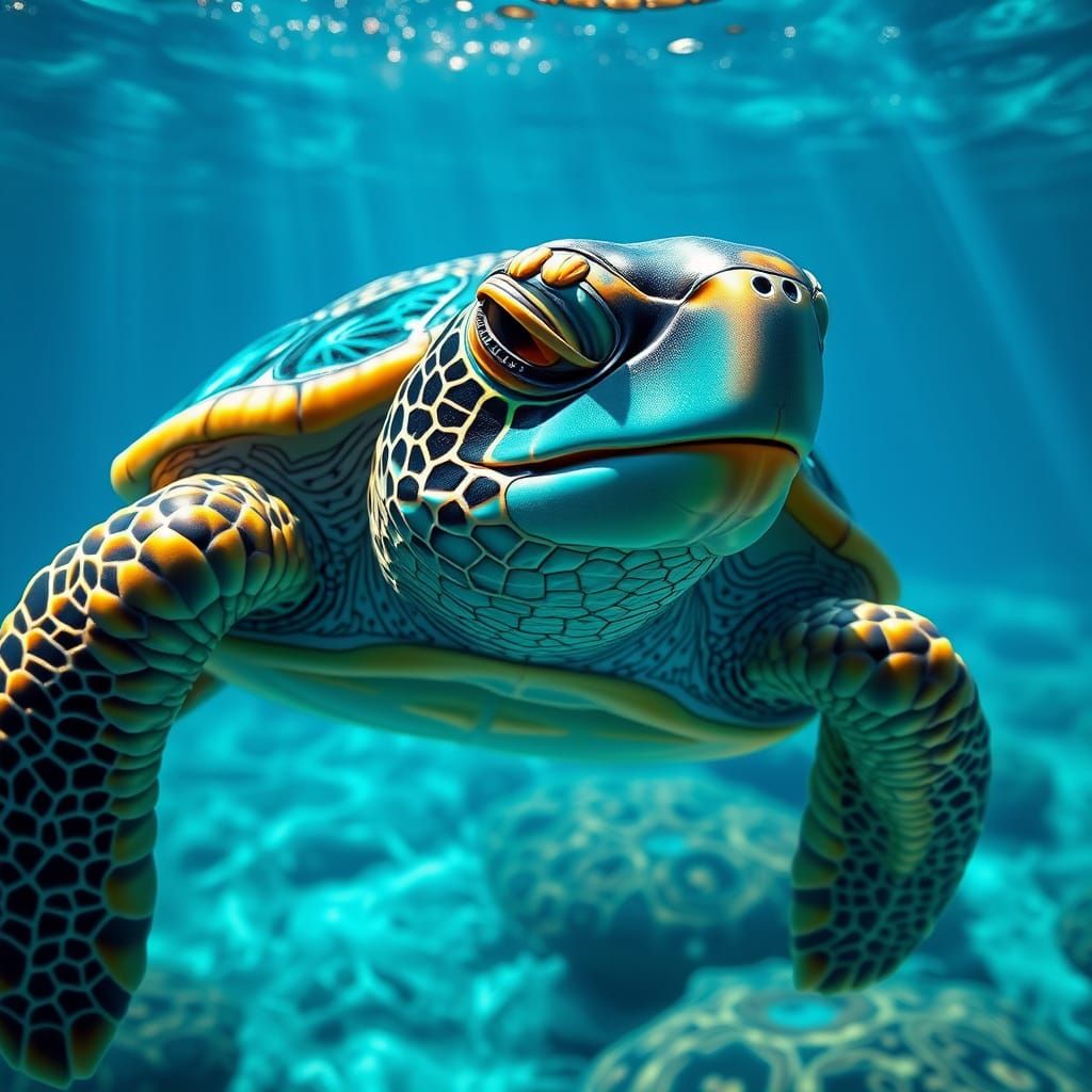 Turquoise-Shelled Turtle Swimming in Luminous Sea