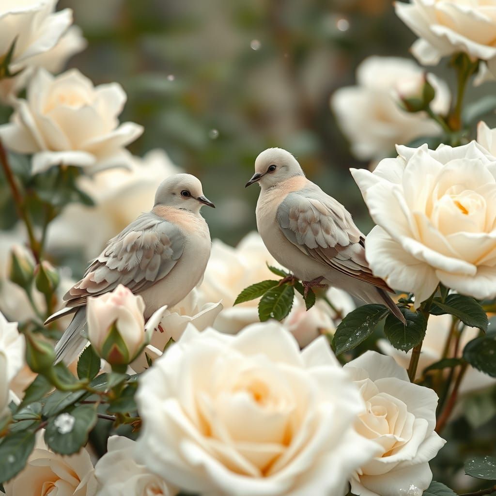Ethereal Doves in a Winter Rose Garden