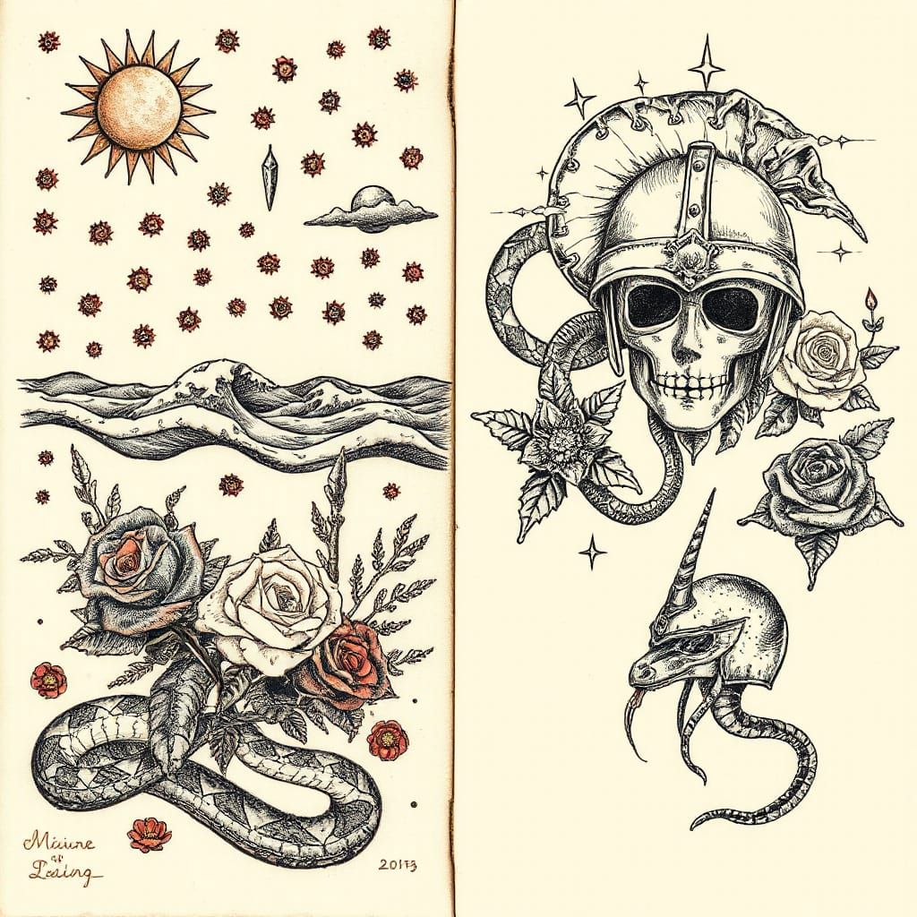 Vintage Summer Scene in Tattoo Style Charcoal Drawing