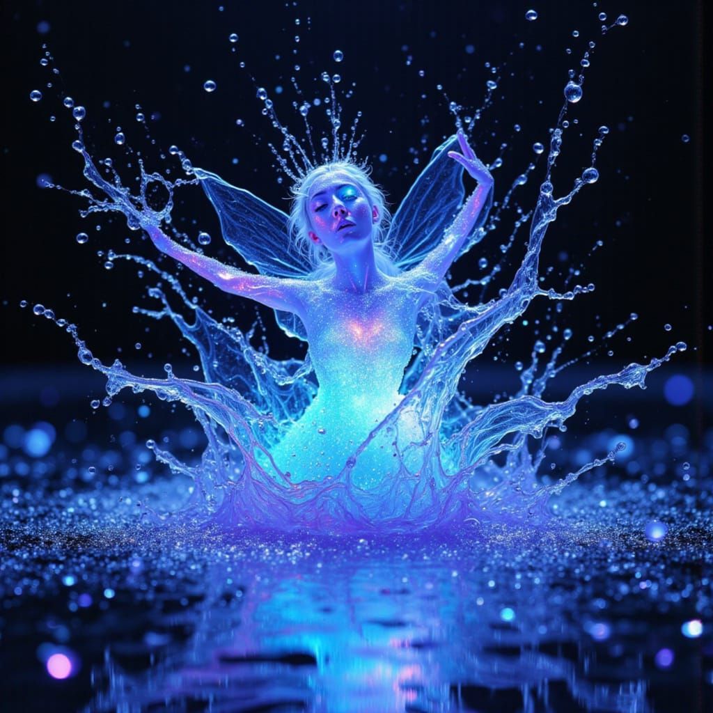 Mystical Water Fairy Emerges in Bioluminescent Splashes