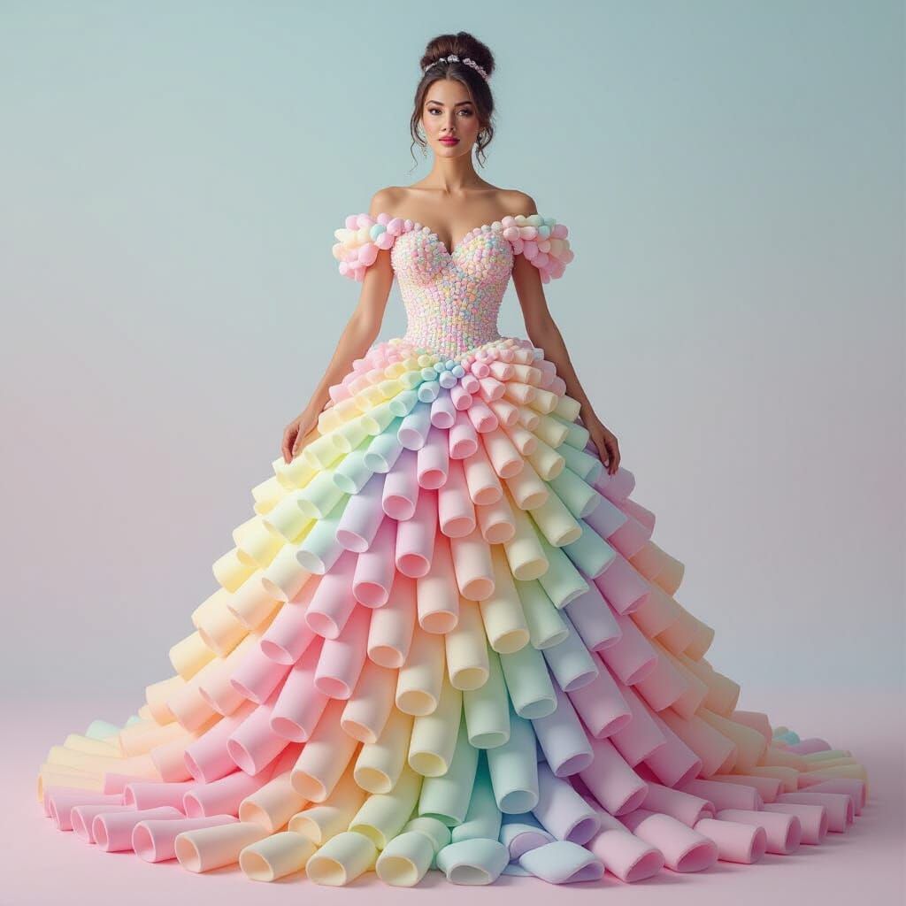 Marshmallow Woman in Sugary Gown, Whimsical Dreamlike Style
