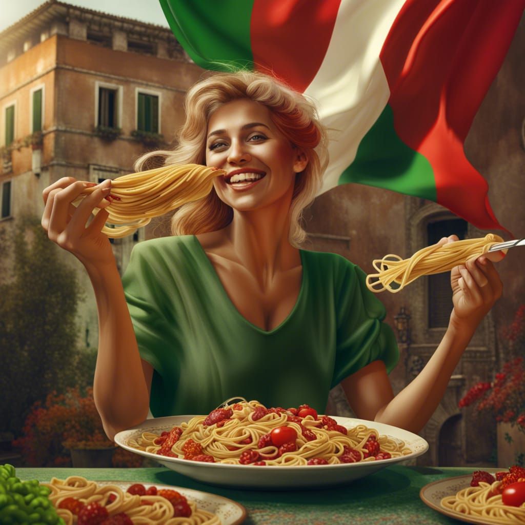 Colorful Italian Woman Eating Pasta, Detailed Matte Painting