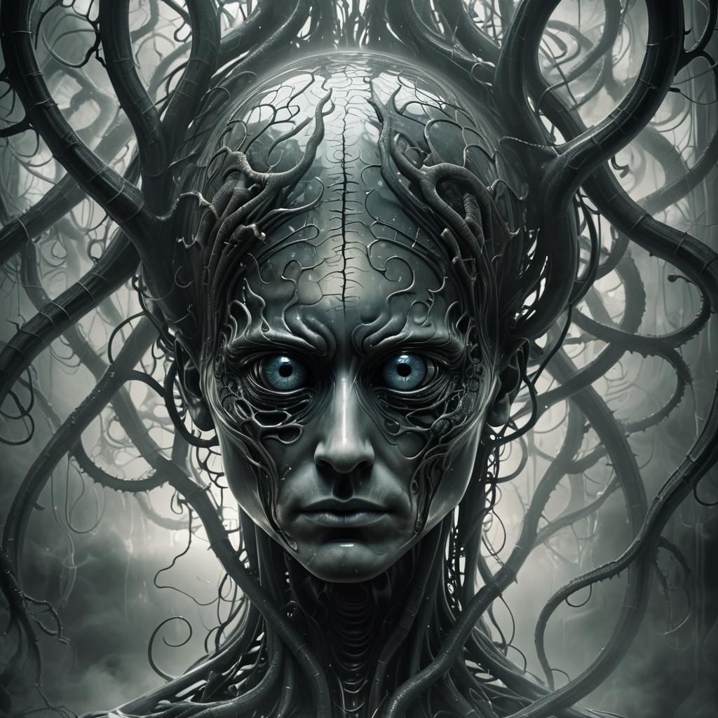 Glass 'A' with Brain and Eye in Dark Fantasy Style