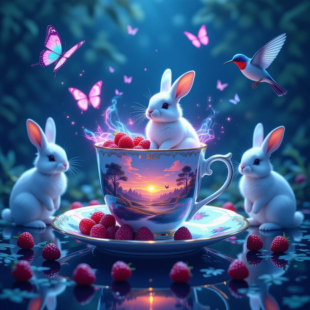 Landscape Cup with Rabbits in Holographic Environment