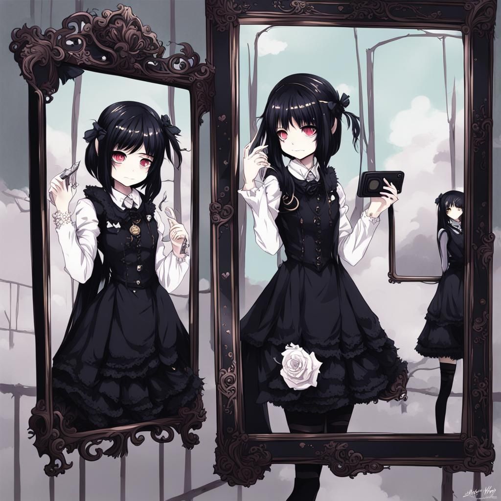 Goth Woman Mirror Selfie in Anime Style