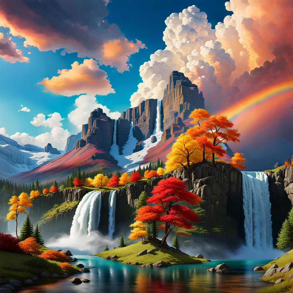 Waterfall Through Clouds in Impressionist Gouache Style