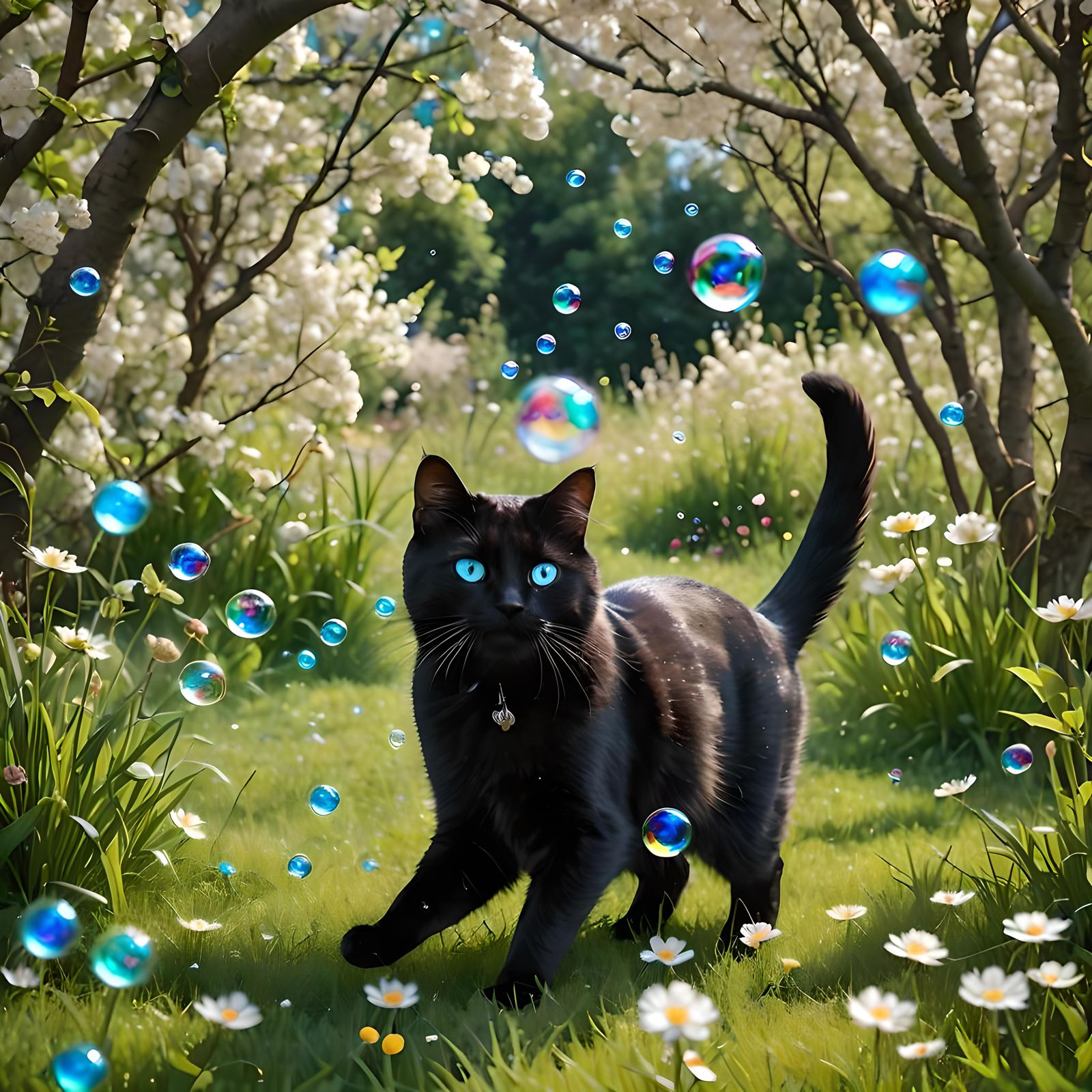 A black cat with striking blue eyes chasing soapbubbles in the garden on a green field of grass. Background flowers, pla...