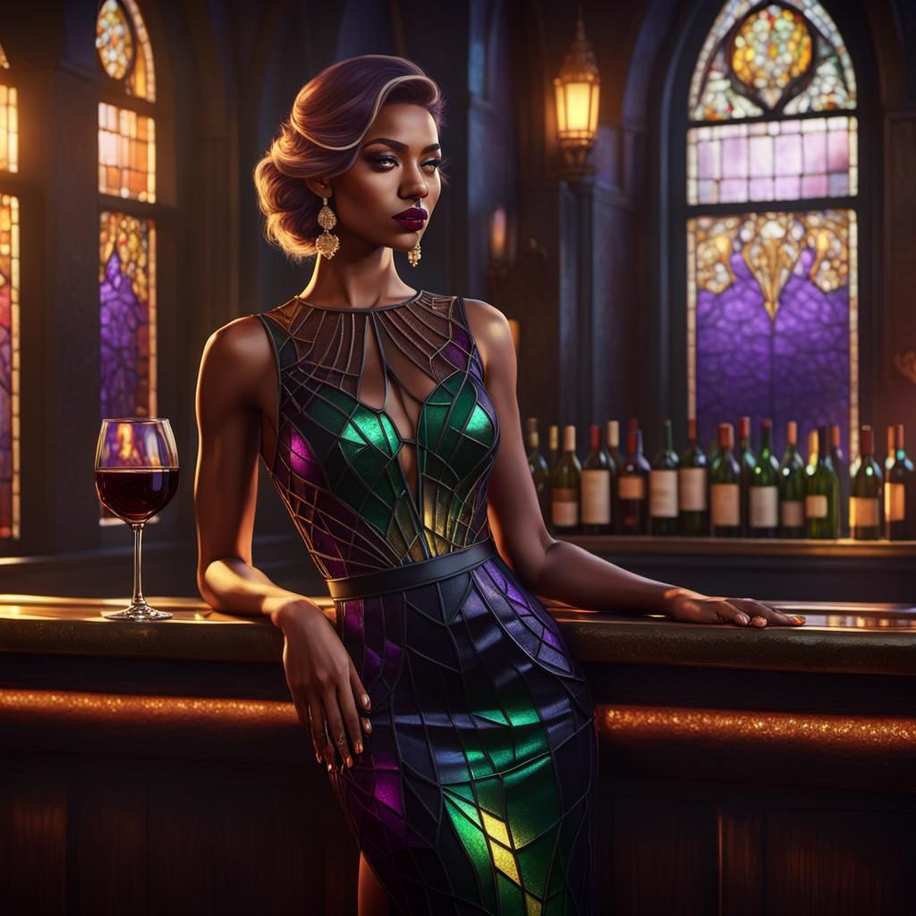 Elegant Girl at Bar with Stained Glass, Fantasy Art