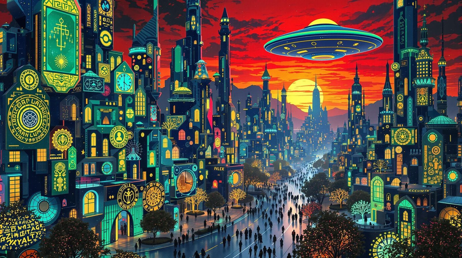 Gustav Klimt-Inspired Futuristic Cityscape with UFO
