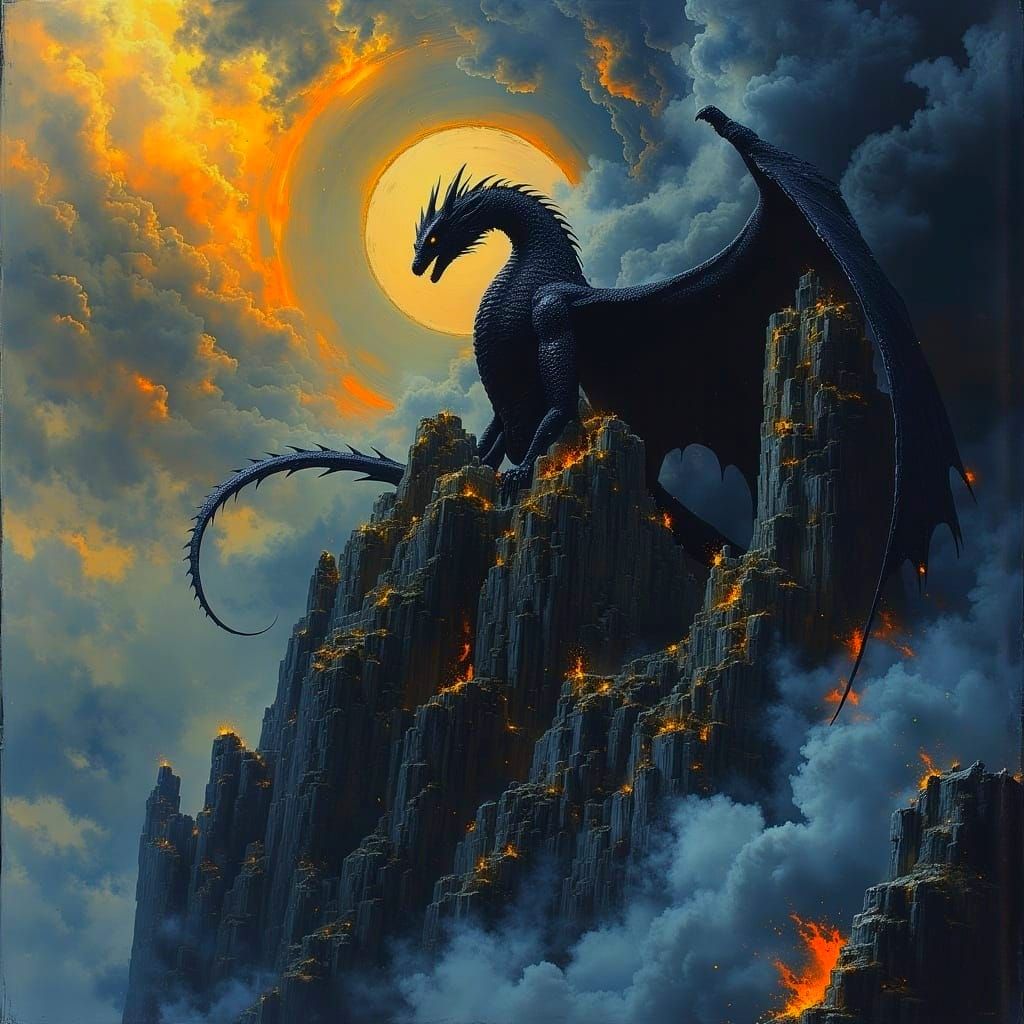Majestic Black Dragon in Dark Oil Paint