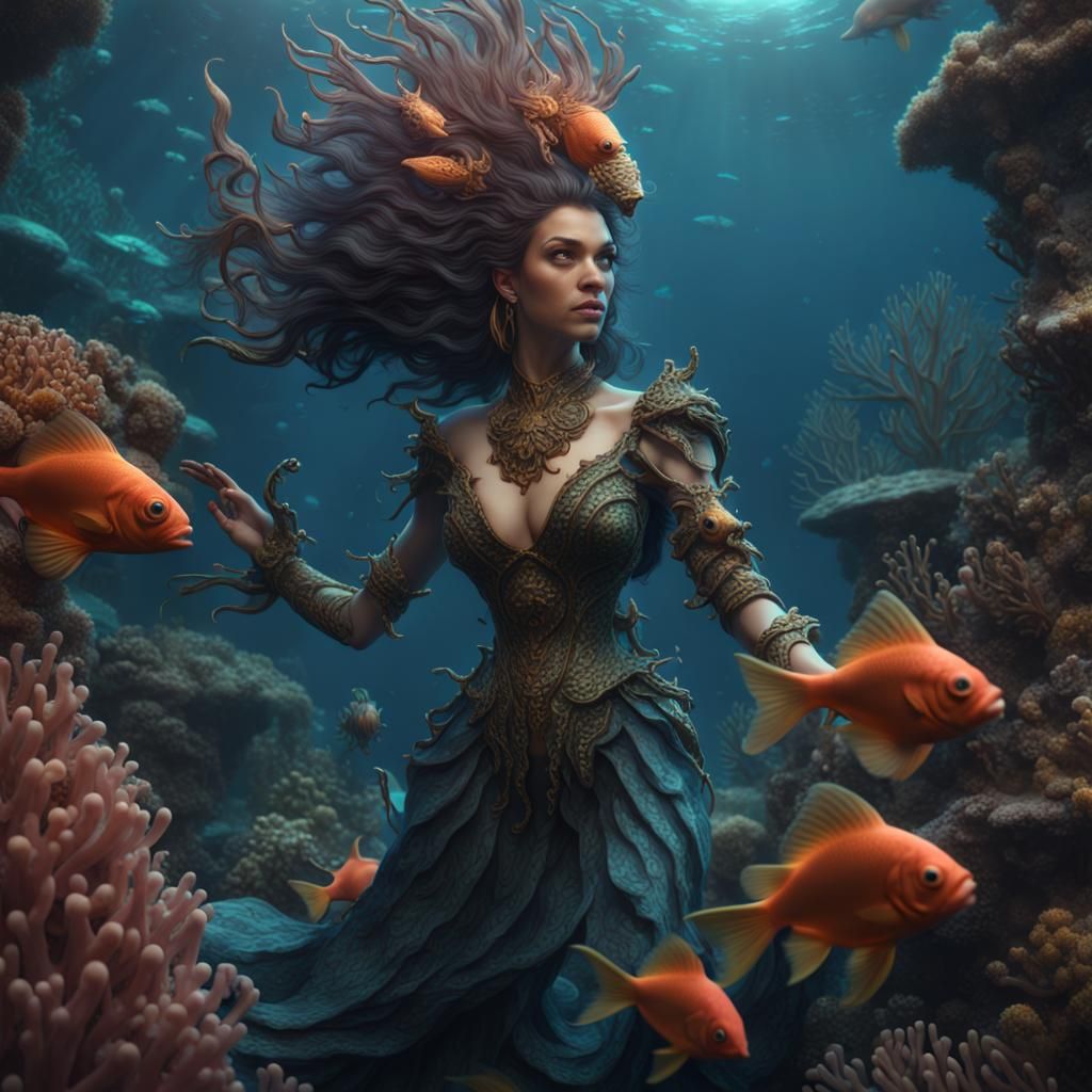 Sea Witch Leading Fish in Coral Reef