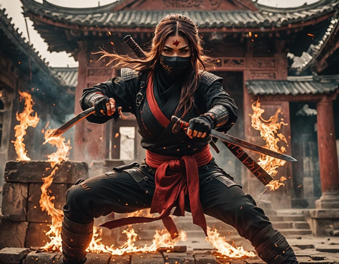 Ninja Woman Leaping from Burning Temple Roof