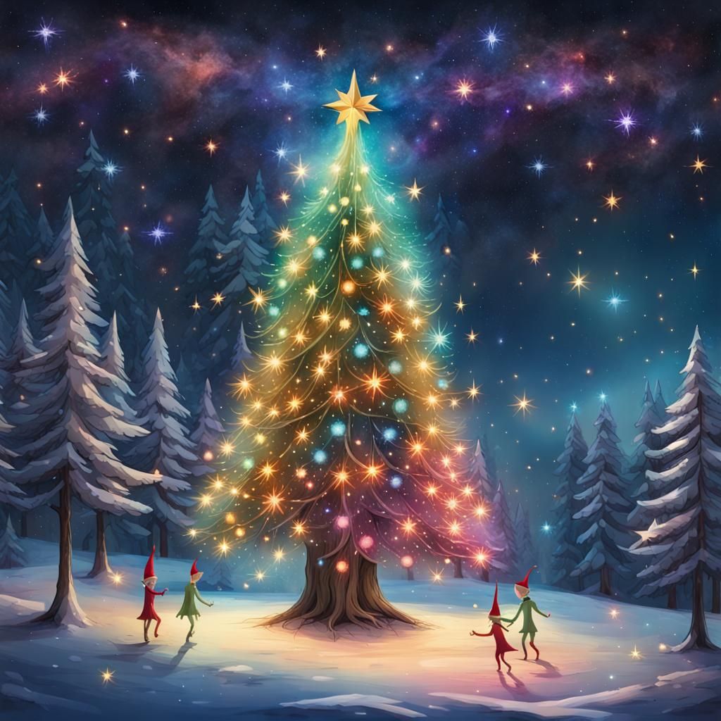 Christmas Tree with Dancing Elves: Winter Night