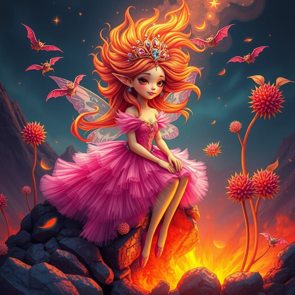 Whimsical Fire Fairy Princess in a Volcanic Wonderland