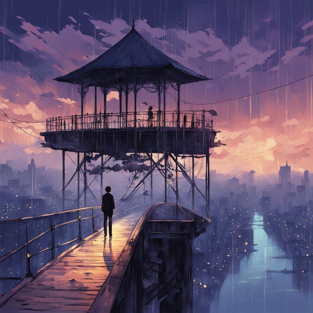 Anime Couple on Bridge in Rainy Cityscape