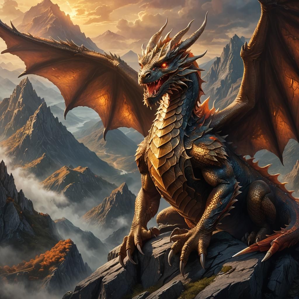 Dragon Perched Atop Mountain: Fantasy Art