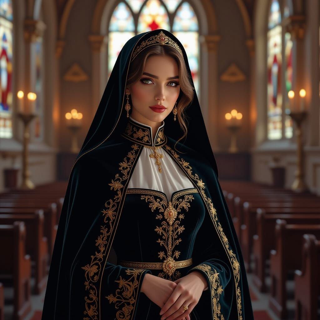 Tiefling Nun in Candlelit Chapel