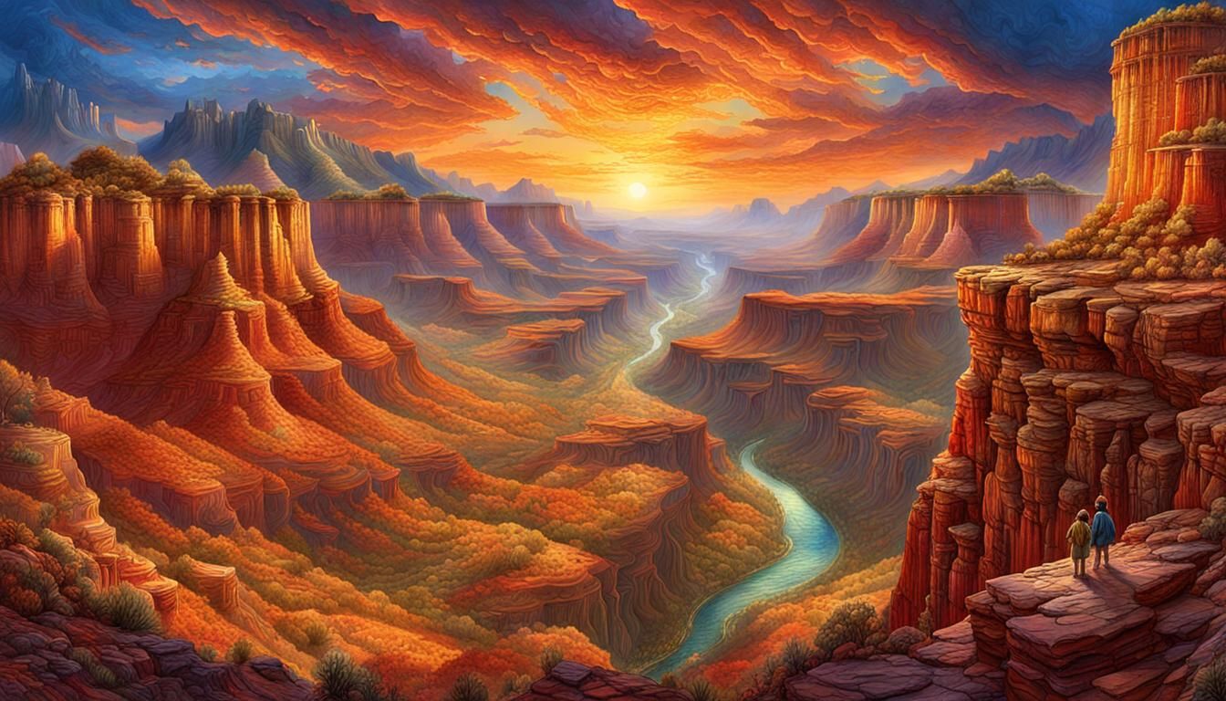 Golden Hour Canyon Vista in Watercolor Style