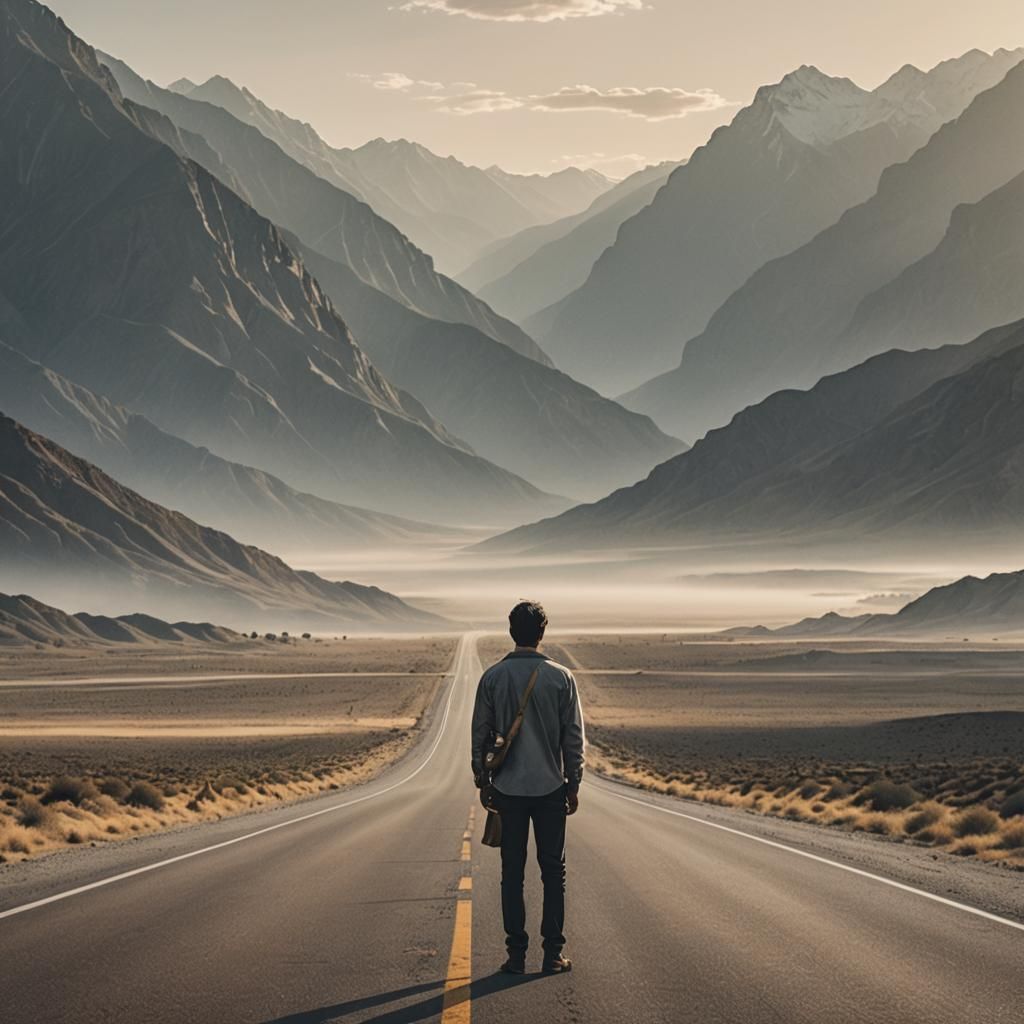 Solitary Figure on Deserted Highway: Cinematic Landscape