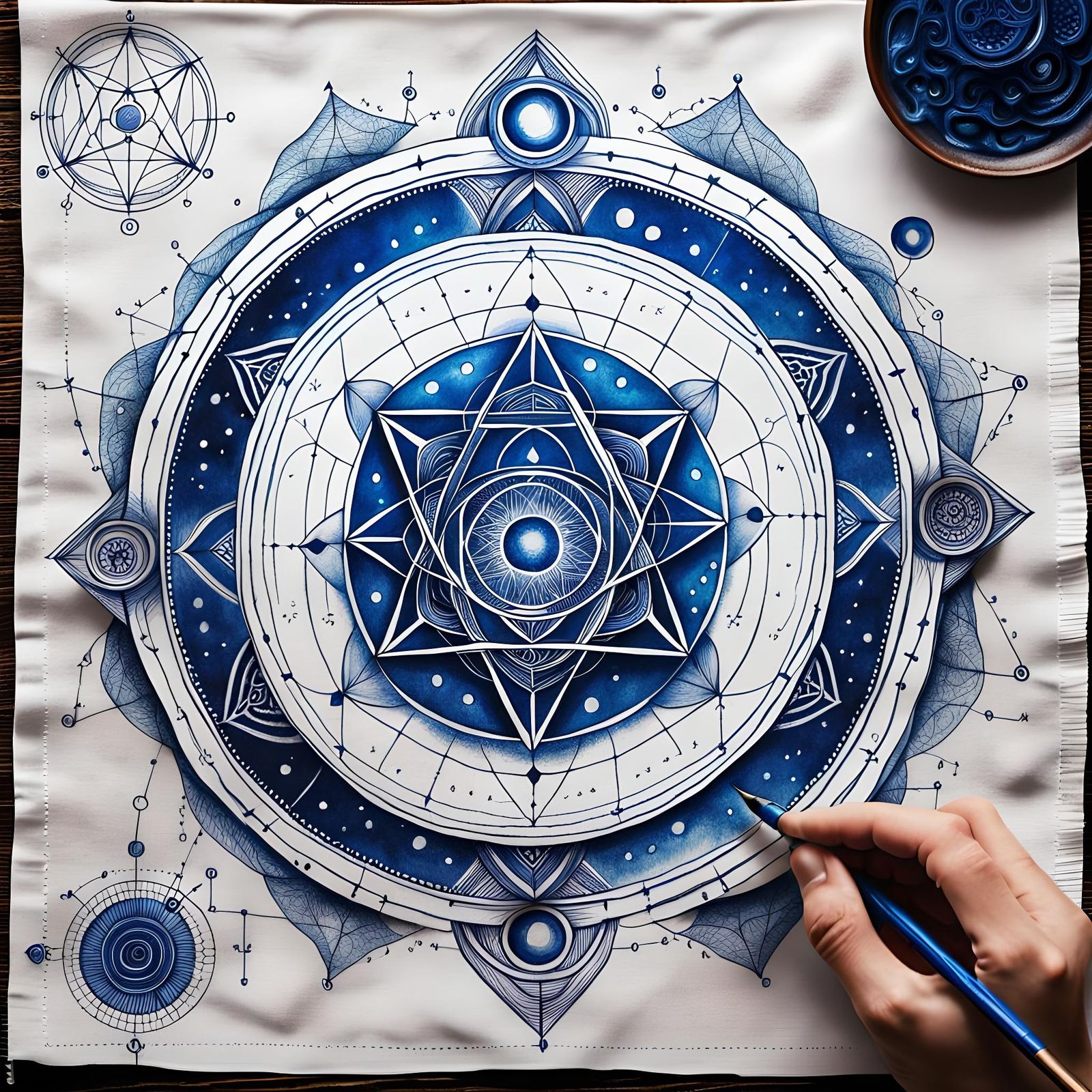 Blue Ink Sacred Geometry Hand Drawing