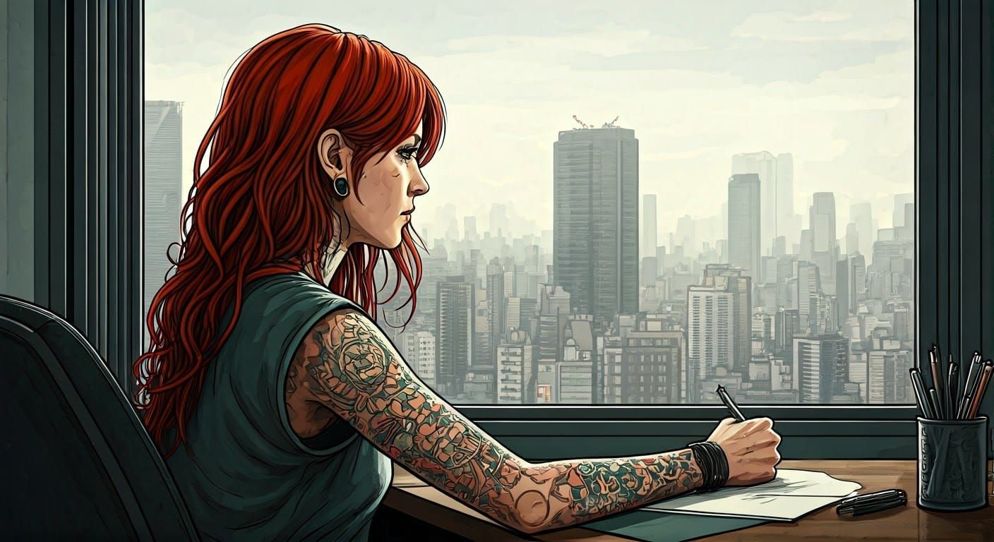 Woman in Tokyo Cityscape, Moody Graphic Novel Style