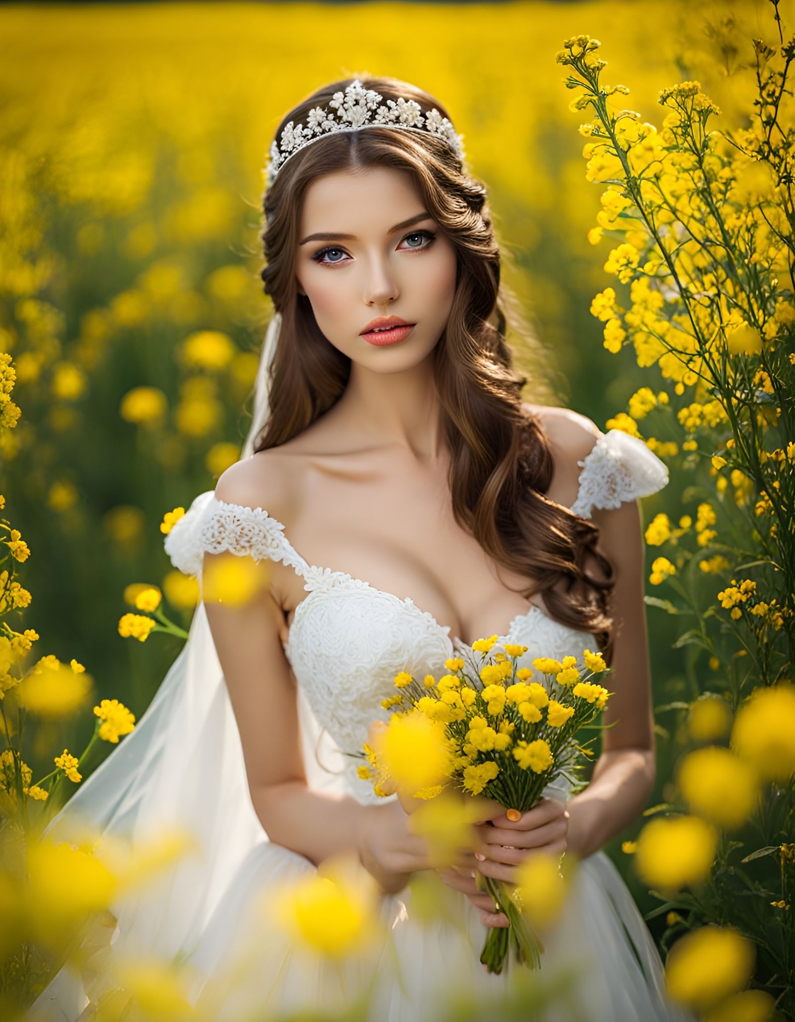 Radiant Bride in Field of Yellow Flowers