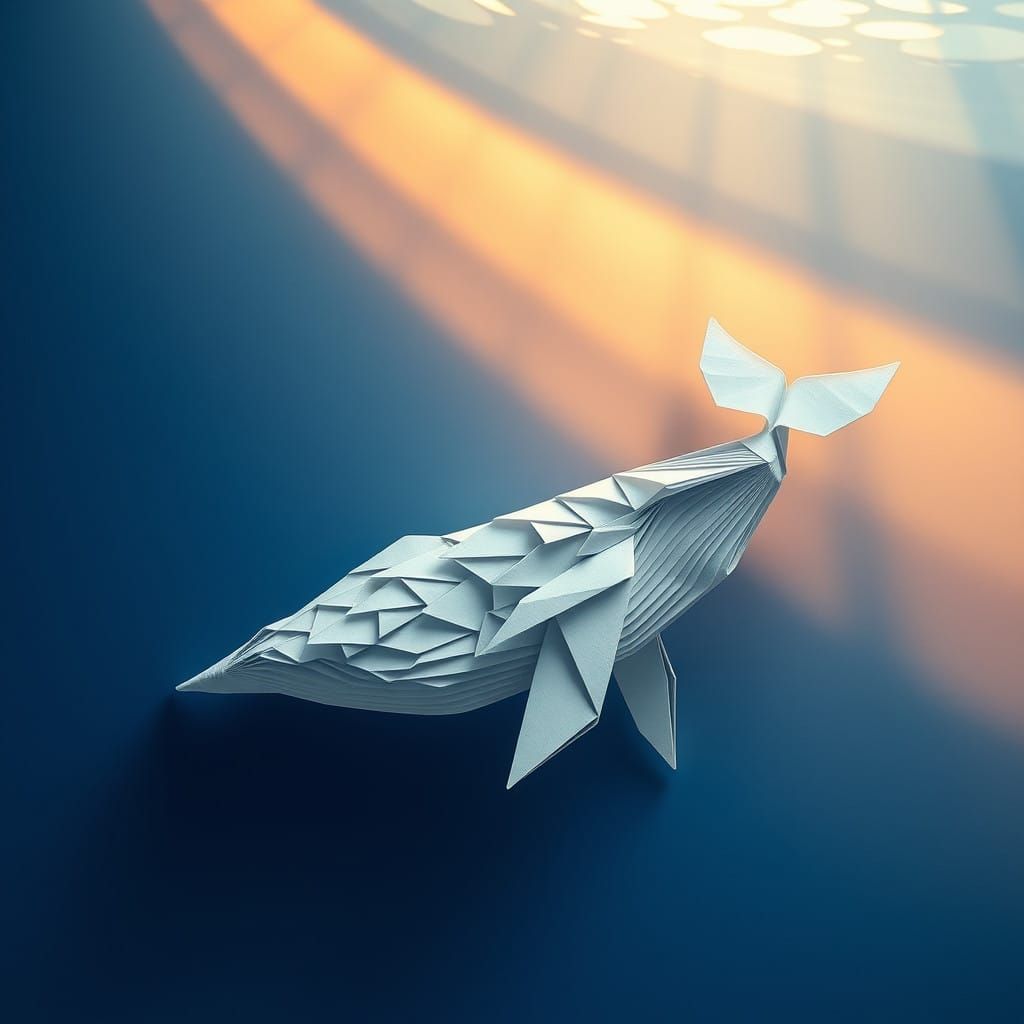Majestic Origami Whale in Calm Ocean Waters