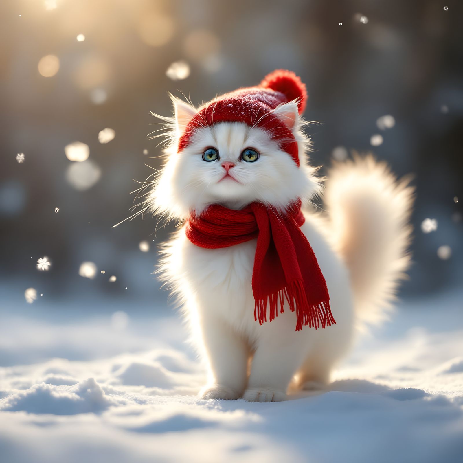Fanciful White Persian Kitten Illuminated by Bokeh Lighting