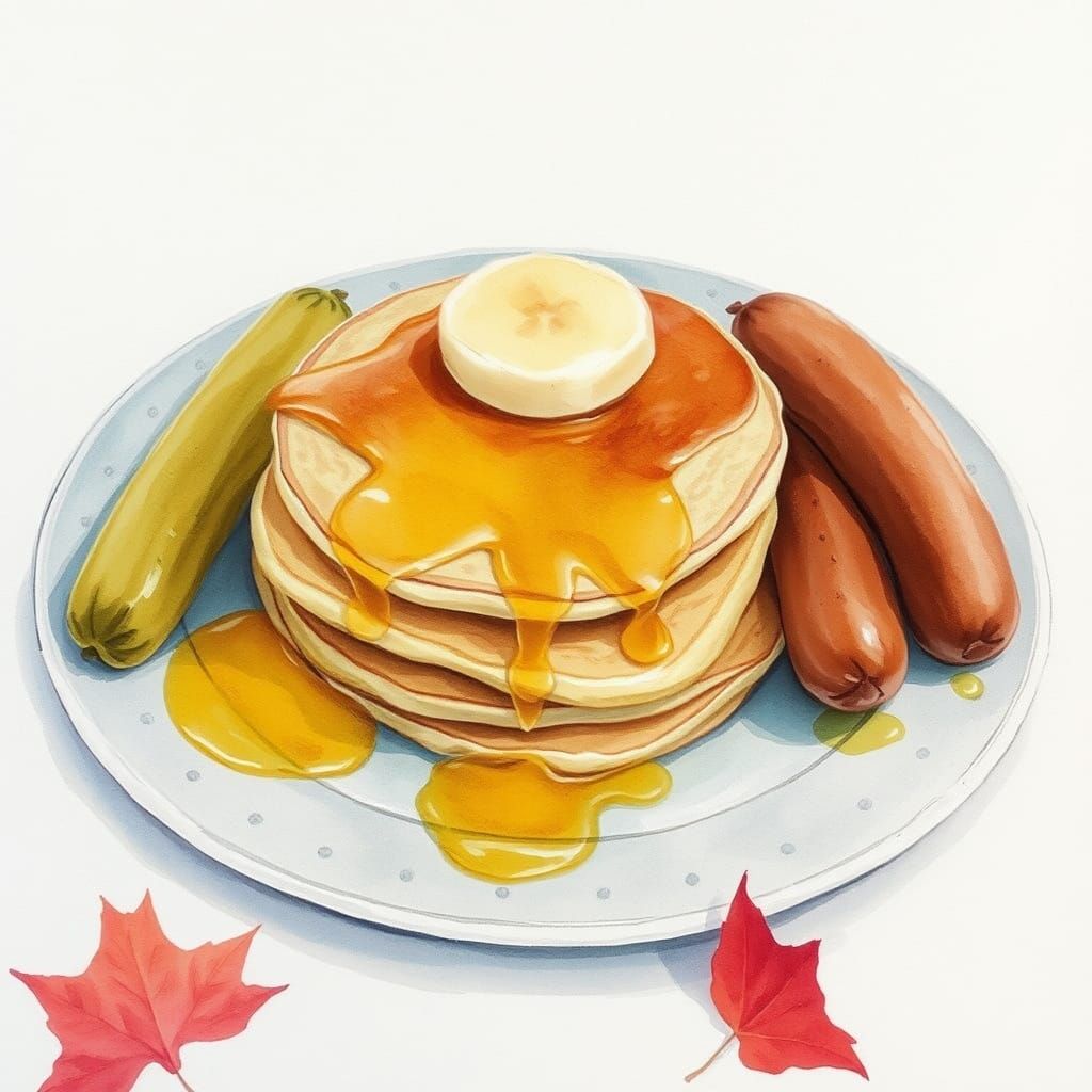Watercolor Banana Pancakes with Sausages Still Life