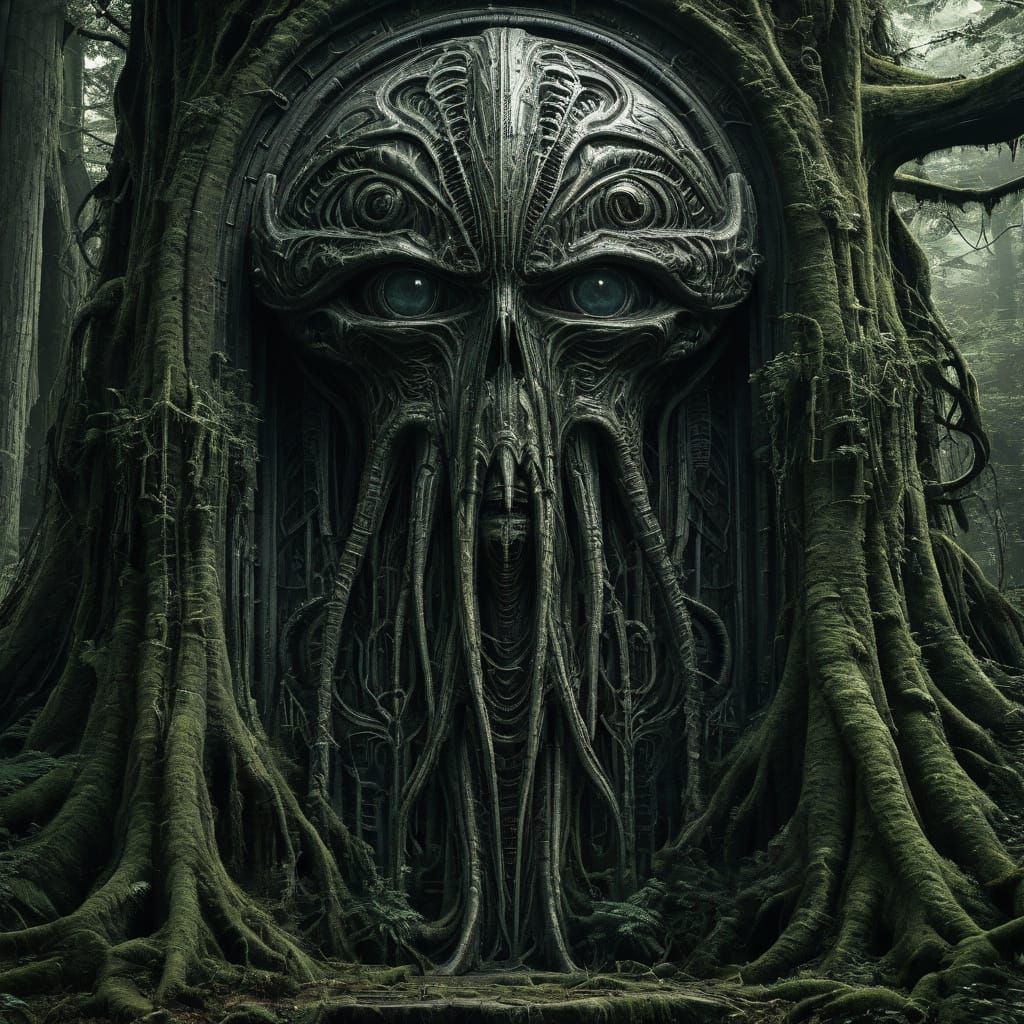 Surreal Giger-Inspired Landscape with Ancient Cyclopean Arti...