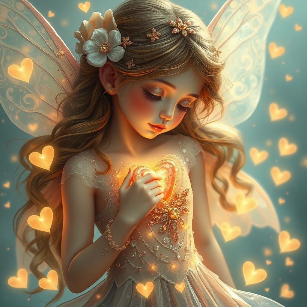 Ethereal Fairy Girl with Glowing Hearts, Digital Art