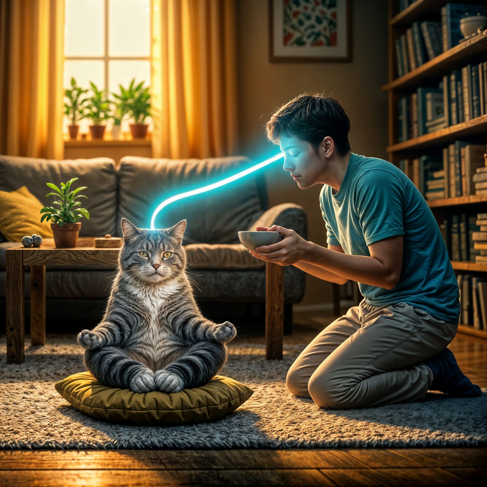 Magical Feline Mind Control Scene in Whimsical Style