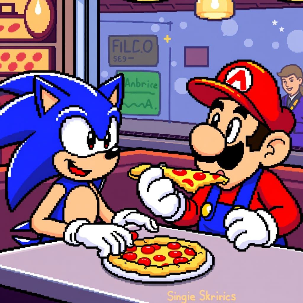 Pixel Art Sega Genesis Style Portrait of Sonic and Mario Sha...