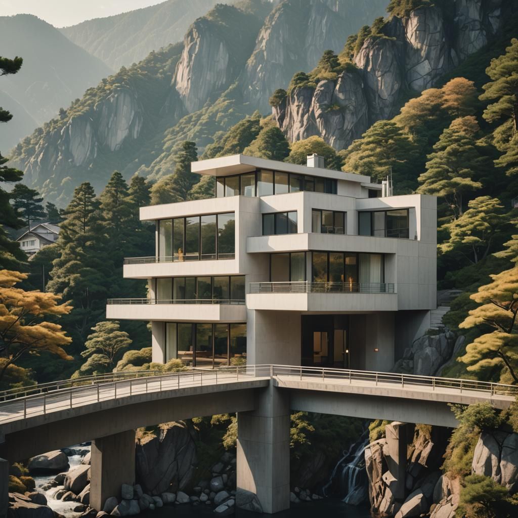 Ultramodern House on Mountain Bridge in Natural Light