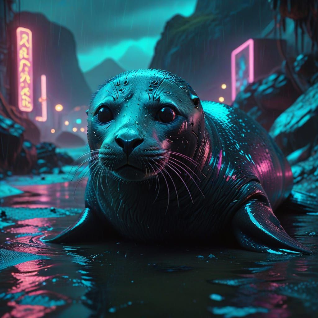 Seal Colony on Kaikōura Peninsula in Neon Sci-Fi Style