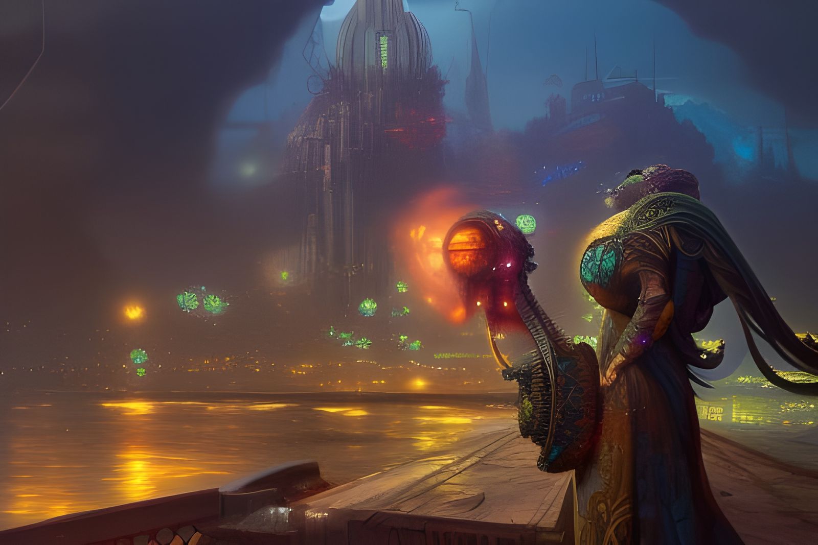 Psychedelic Steampunk Village in Cyberpunk Style