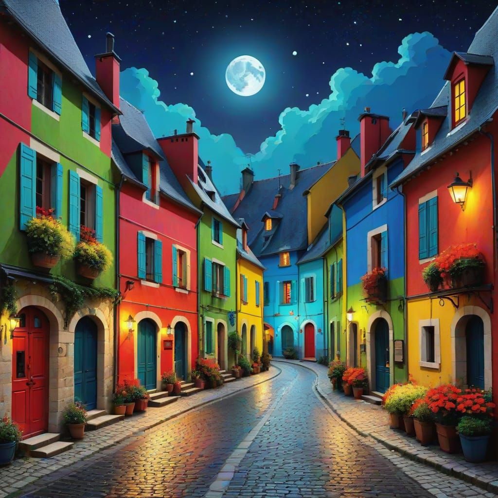 Vibrant French Village Under Starry Night Sky
