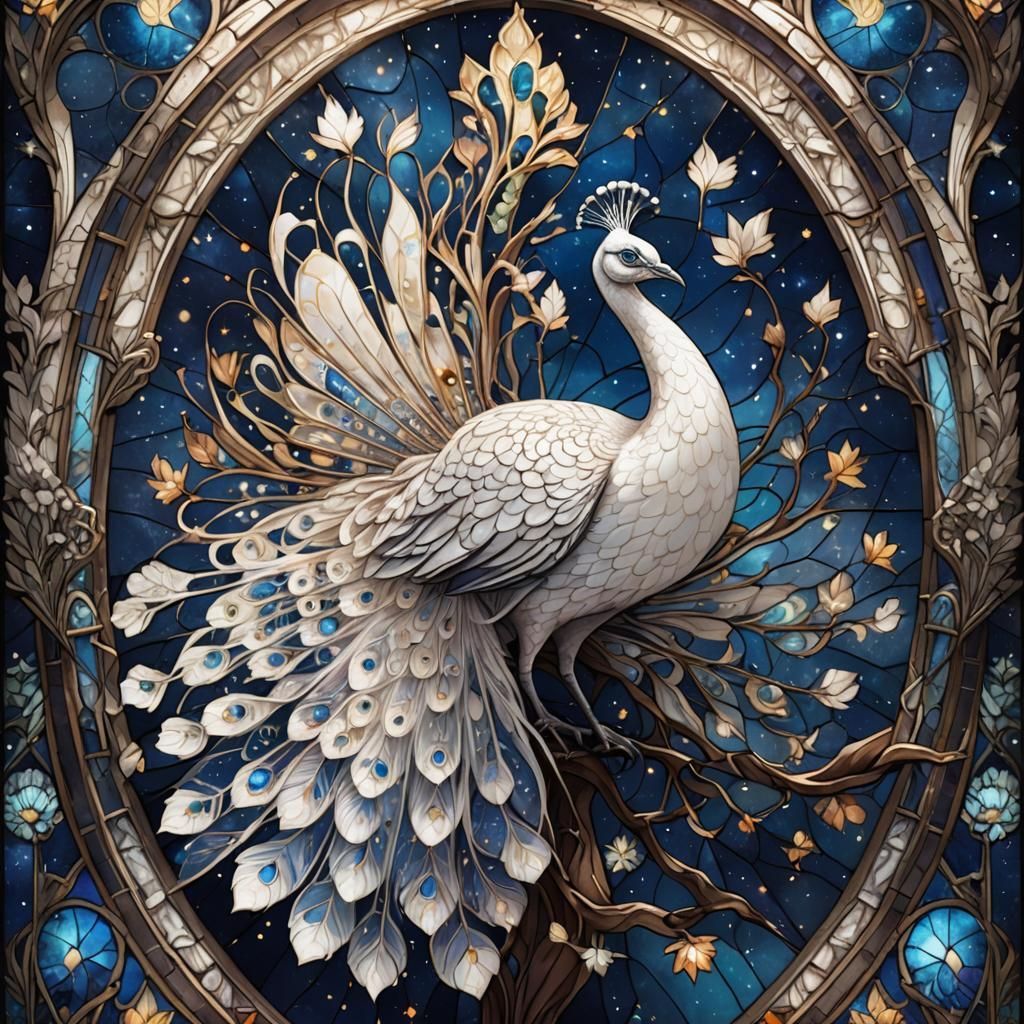White Peacock in Stained Glass Starry Sky