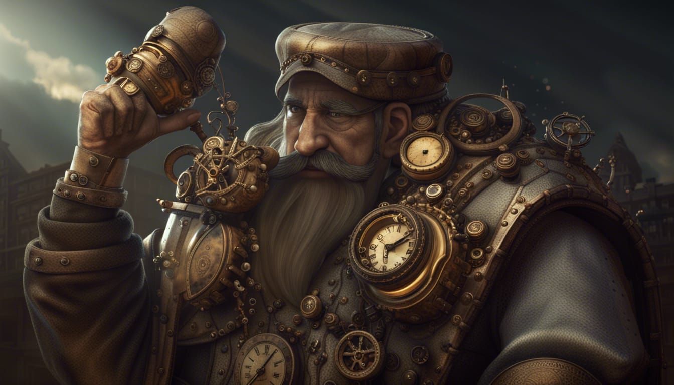 high quality steampunk portrait of the old man called Father Time with a clock for a head played by Albert Einstein, clo...