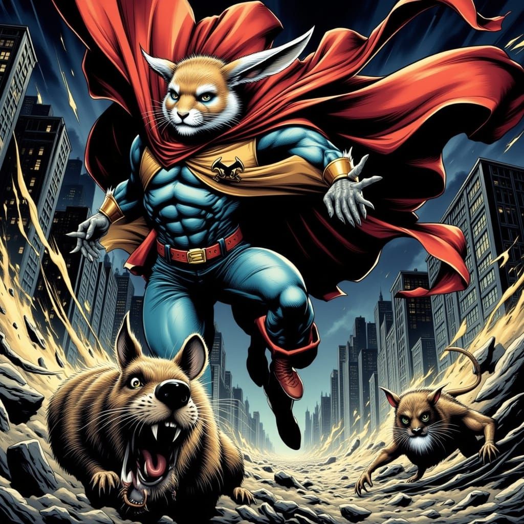 Comic Book Rabbit Superhero Fights Rat Villain