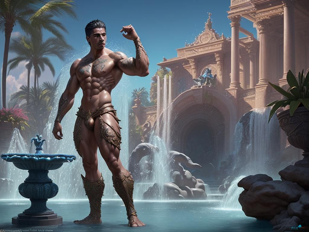 Fantasy Latino Warrior Victorious in Decorative Fountain