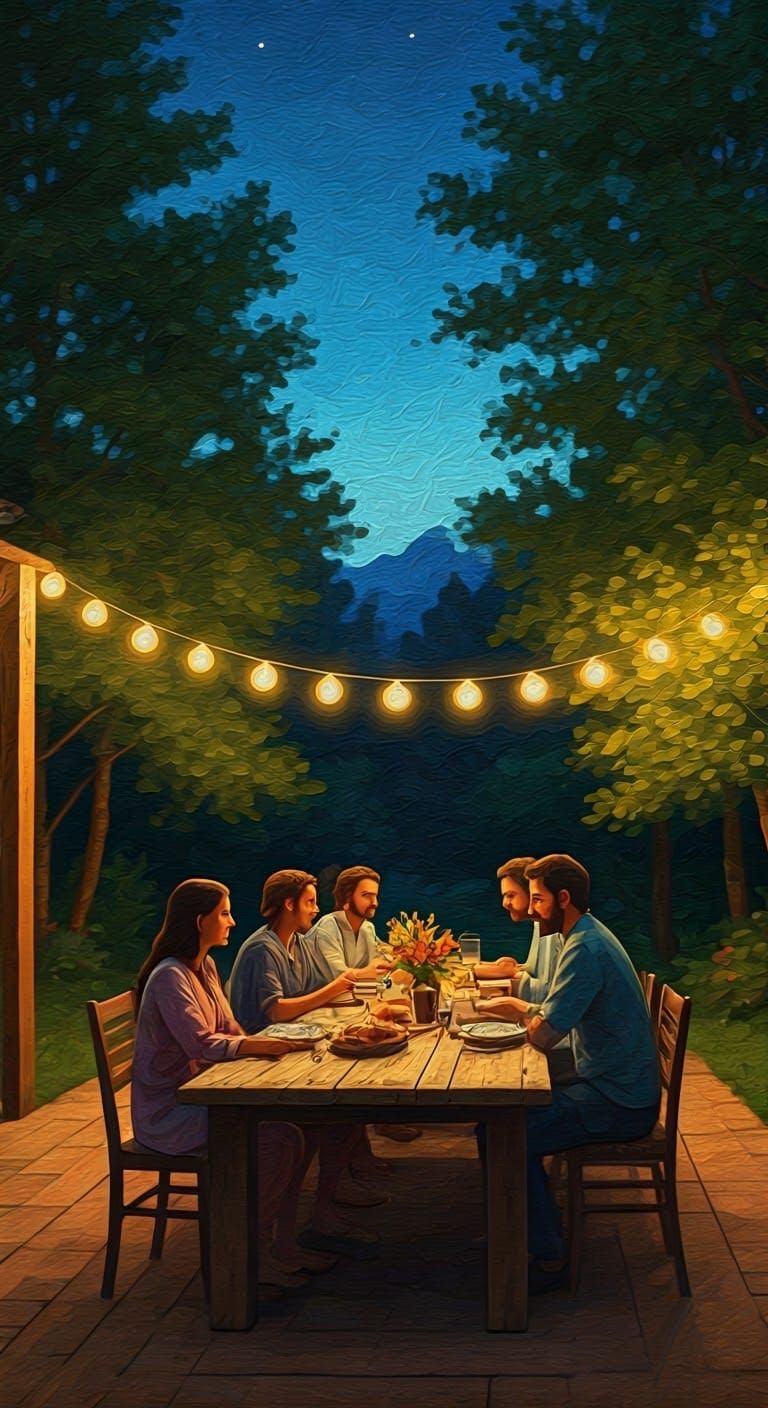 Friends Gather Around a Rustic Wooden Table at Twilight