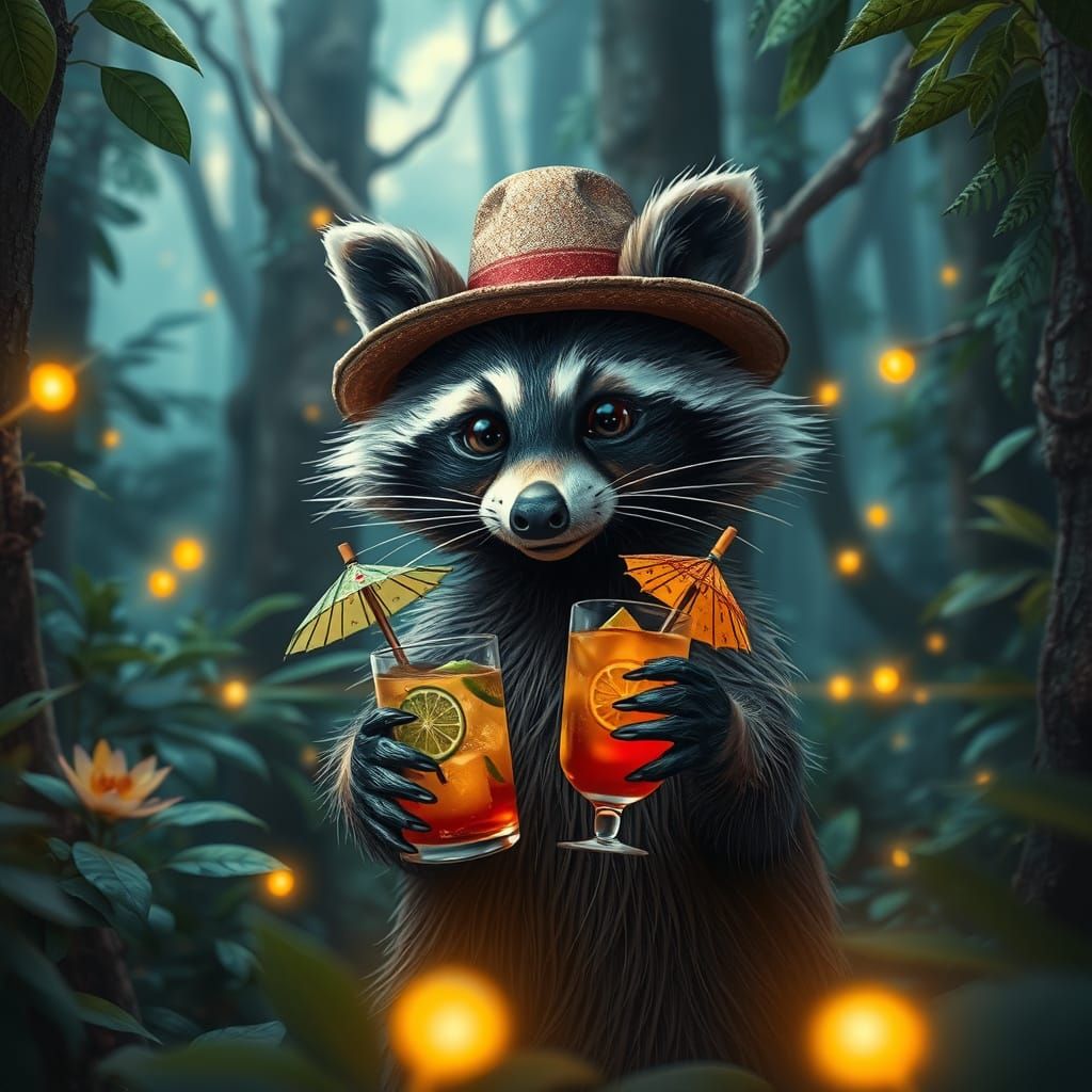 Raccoon Cocktail in Mystical Forest, Digital Matte Painting