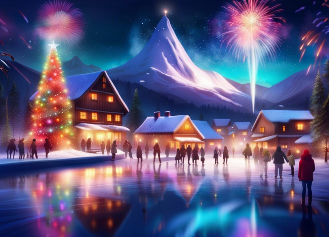 Christmas Eve Village with Fireworks and Aurora
