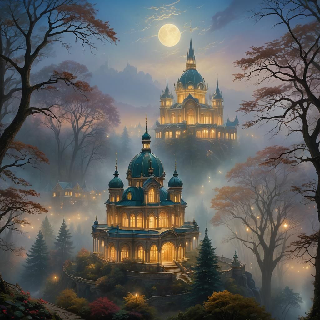 Ethereal Opera House in Misty Forest