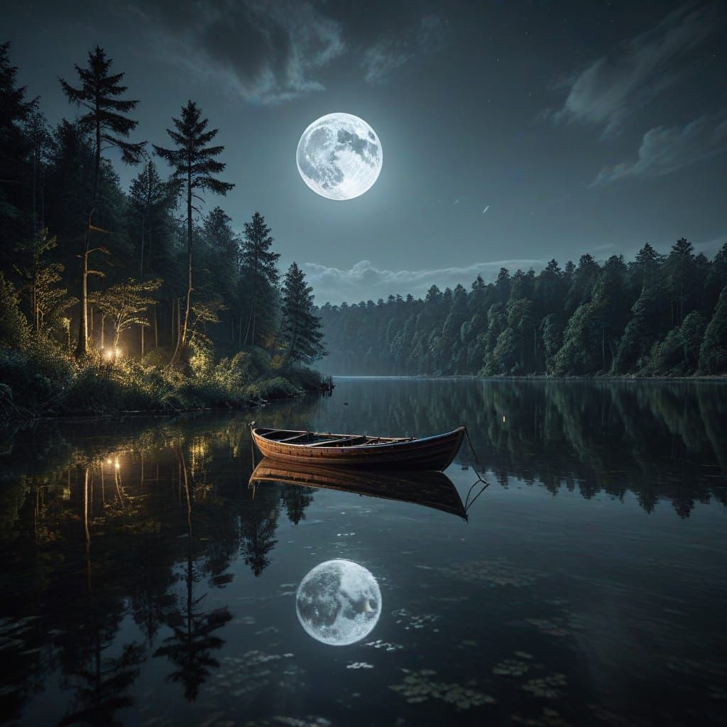 Surreal Nighttime Scene of Wooden Boat on Calm Lake